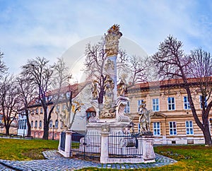 Trinity statue in Obuda, located on Szentlelek ter square, Budapest, Hungary