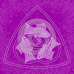 Trinity Sunday. Christian holiday. Three fish, located symmetrically. On a Purple grunge background