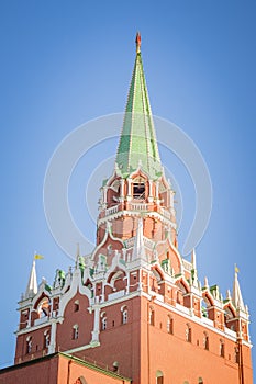 Trinity tower of Moscow Kremlin against blue sky