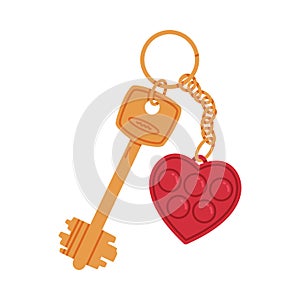 Trinket with Brass Key Hanging with Heart Keychain or Keyring Vector Illustration