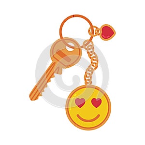 Trinket with Brass Key Hanging with Smiley Keychain or Keyring Vector Illustration