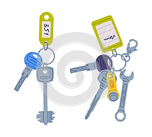 Trinket with Key Hanging with Keychain or Keyring Vector Set