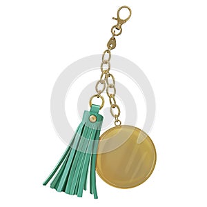 Trinket with metal round medal and leather tassel on chain and carbine. Accessories for bags and wallets.