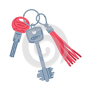 Trinket with Steel Key Hanging with Tassel Keychain or Keyring Vector Illustration