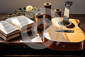 The trio of acoustic guitar, notepad, and cup fosters a musical brainstorm.