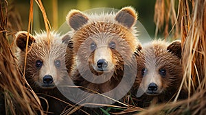Trio of bear cubs peeking out of tall grass. Generative ai