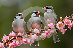 Trio of birds perched on branch adorned with pink flowers