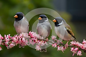 Trio of birds perched on branch adorned with pink flowers