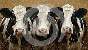 A trio of black and white cows standing amidst golden wheat, gazing forward