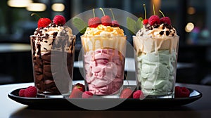 Trio of chocolate, strawberry, and vanilla ice cream milkshakes with mint and raspberries