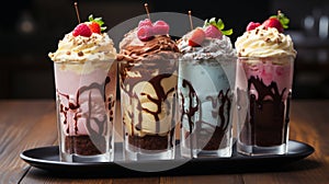 Trio of chocolate, strawberry, and vanilla ice cream milkshakes with mint and raspberries