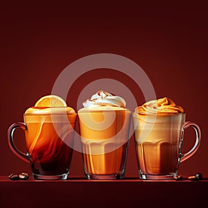 Trio of coffee drinks in glass mugs on a dark red background