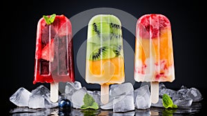 A trio of colorful fruit popsicles standing upright in a glass. isloted on black