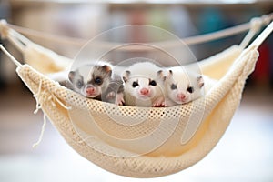 trio of ferrets piled in a knit hammock