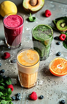 Trio of Fresh Fruit Smoothies Served on a Wooden Table at Daytime