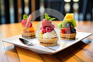 trio of fruit tarts with a scoop of ice cream