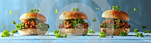 Trio of Gourmet Vegan Sloppy Joes with Fresh Green Onion Toppings on a Stylish Blue Background photo