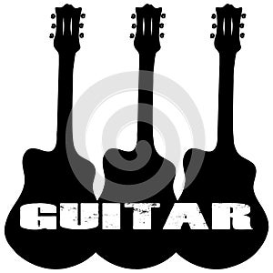 Trio of Guitars with GUITAR text Silhouette on White with Clipping Path