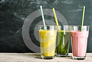 Trio of healthy fruit and vegetable smoothies