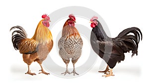 A trio of hens with vibrant plumage