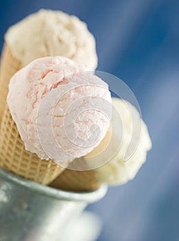 Trio Of Ice Creams in Wafer Cones photo