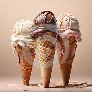 Trio of Icecream. Scoops of vanilla, Strawberry and Chocolate