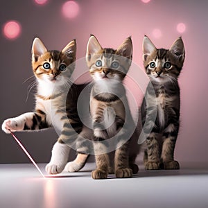 A trio of kittens with unique markings, chasing a laser pointer dot with synchronized movements2
