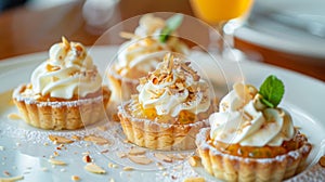 A trio of miniature passionfruit tarts topped with a dollop of whipped cream and a sprinkle of toasted almonds photo