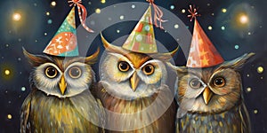 A trio of owls wearing whimsical party hats, poised against a festive background, inviting observers to a playful