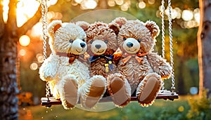 Trio of Teddies on Swing