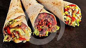 Trio of Tex Mex Fajita Wraps on Dark Counter