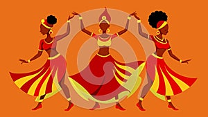A trio of women clad in bright red and gold fully embodying the spirit of the Sankofa dance with their synchronized photo