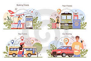 Trip booking concept set. Buying a ticket for plane, bus or train. Car sharing
