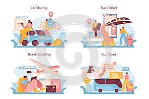 Trip booking concept set. Buying a ticket for plane, bus or train. Car sharing