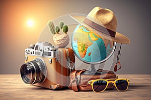 trip ready suitcase vintage camera photo sunglasses hat, summer Globe concept travel Tourism