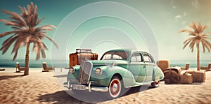 trip road tropical vintage travel summer retro car beach vacation. Generative AI.