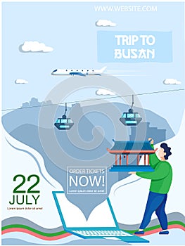 Trip to Busan advertising banner. Modern cable car in mountaine landscape, landmark of korean city