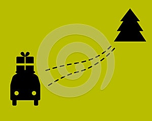 A trip to the christmas tree. A car with gift and dotted line.