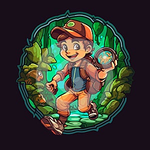 A trip to the countryside. Travelling through the forest. Geocaching treasure hunt among the trees. Cartoon vector illustration.