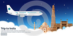 Trip to India. Tourism. Travelling illustration. Modern flat design. Travel by airplane, vacation, adventure, trip.