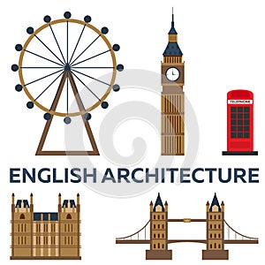 Trip to London. English architecture Vacation. Road trip. Tourism. Journey. Travelling illustration London city. Modern flat