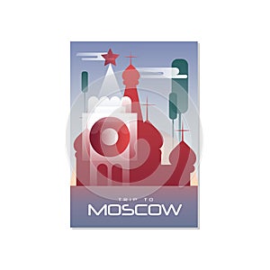 Trip to Moskow, travel poster template, touristic greeting card, vector Illustration for magazine, presentation, banner