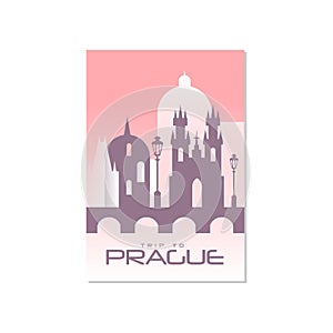 Trip to Prague, travel poster template, touristic greeting card, vector Illustration for magazine, presentation, banner