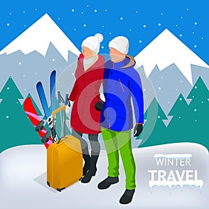 Trip on a winter vacation in the mountains. Winter travel concept. Christmas travel. Travel to World. Banner, Journey