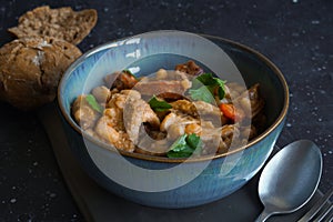 Tripas- Tripe stew with bread on the black background