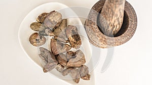 Triphala ayurvedic medicinal plant comprise of chebulic myrobalan fruit on white background with wood mortar and pestle