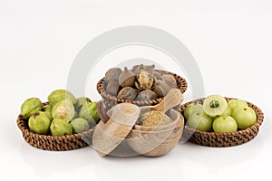 Triphala (thai name) means three fruits contain Terminalia belerica (Gaertn.) Roxb.), Terminalia chebula Retz. and Phyllanthus emb