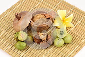 Triphala (thai name) means three fruits contain Terminalia belerica (Gaertn.) Roxb.), Terminalia chebula Retz. and Phyllanthus emb photo