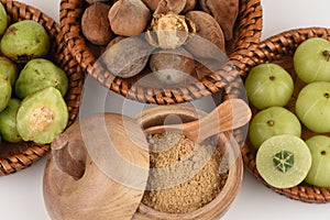 Triphala (thai name) means three fruits contain Terminalia belerica (Gaertn.) Roxb.), Terminalia chebula Retz. and Phyllanthus emb