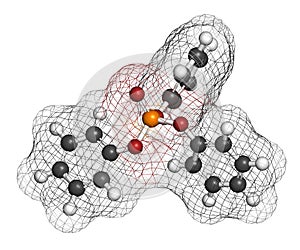 Triphenyl phosphate molecule. Used as flame retardant and plasticizer. 3D rendering. Atoms are represented as spheres with